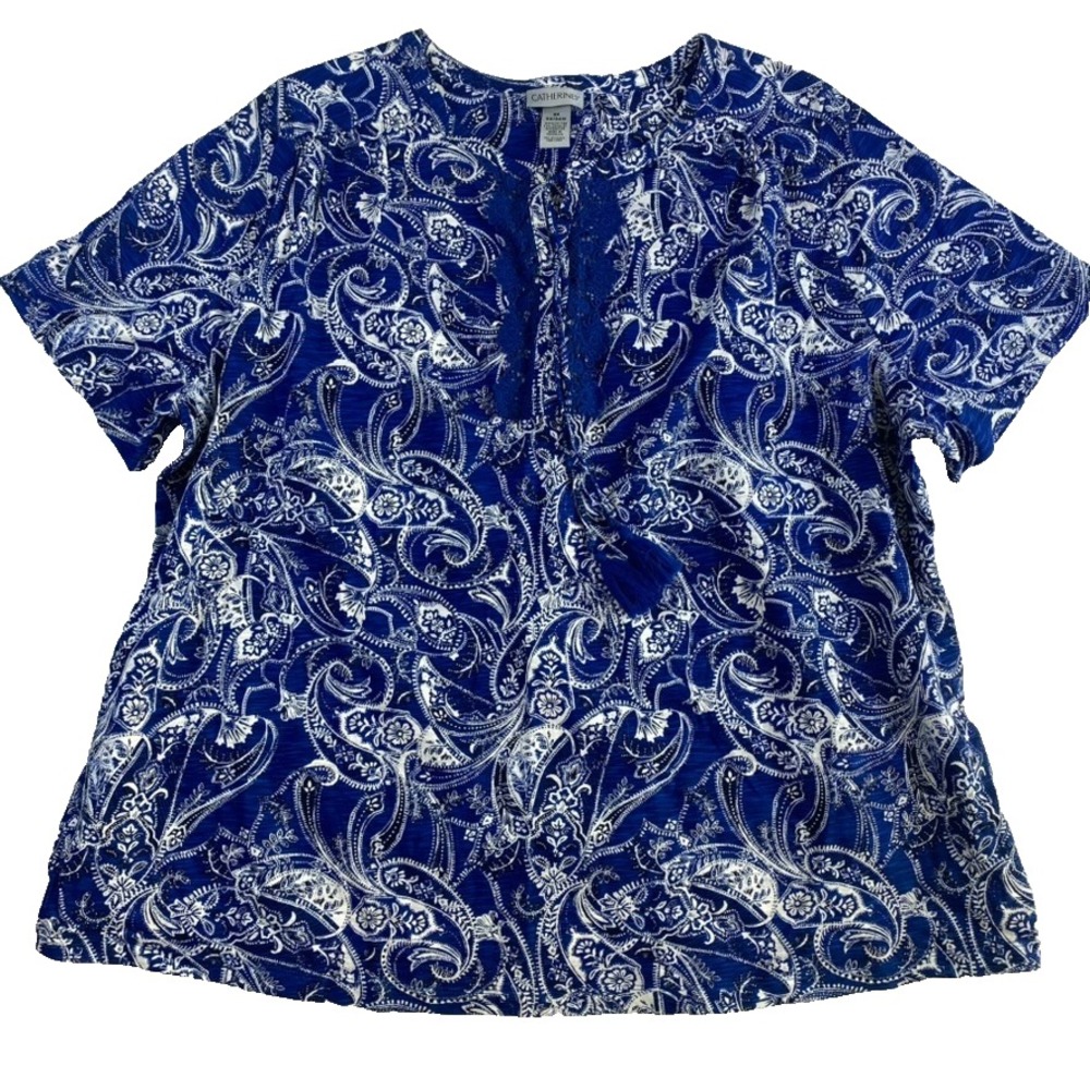 Catherine's Blouse Top Sz 2X Blue Paisley Short Sleeve 100% Cotton Resort Spring